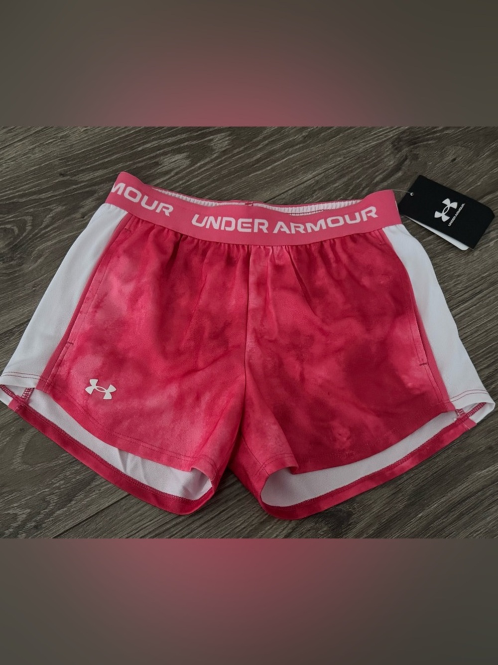 New Under Armour Girls Coral Pink Athletic Shorts with Logo Waistband